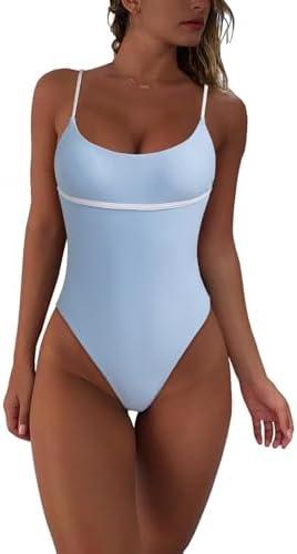 geluboao Women Sexy Color Block Open Back Bathing Suit One Piece Cheeky High Cut Thong Swimsuits, M