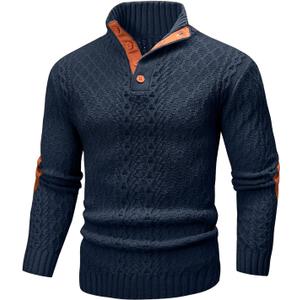 Wizoat Mens Cable Knit Pullover Sweater Casual Long Sleeve Stand Collar Quarter Button Knitted Sweaters (L)