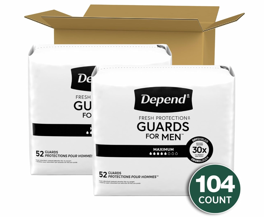 Depend Guards Incontinence Pads for Men, Maximum Absorbency, 104 Count (2 Packs of 52), 