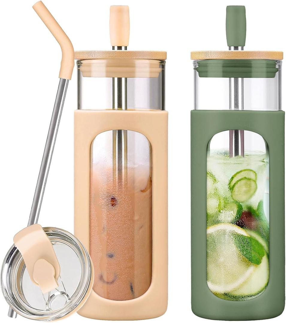 Kodrine 24oz Glass Tumbler with 2 Lids and Straws, Glass Cup With Bamboo Lid and On-the-go Lid, Reusable Iced Coffee Cup, Ideal for Smoothie, Cold Drinks, Fit Cup Holder, BPA Free (2, Amber+Olive)
