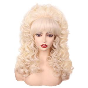 FantaLook 80s Long Curly Vintage Cosplay Wig with Bang for Women 60-70s Queen Costume for Halloween Party (Blonde)