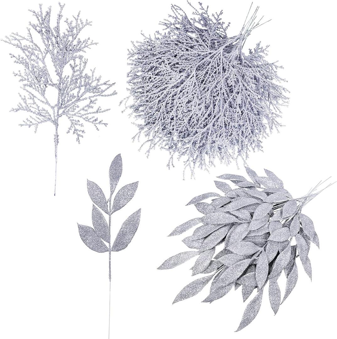 Winlyn 30 Pcs Christmas Artificial Leaf Sprays Cedar Picks Silver Glittered Christmas Tree Ornaments Winter Floral Stems for Sliver Christmas Tree Wreaths Centerpieces Holiday Wedding Decoration