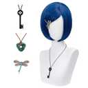 Blue Cosplay Wig for Women, Dark Blue Bob Short Straight Synthetic Wigs With Key Necklace Dragonfly Hairpin, Halloween Costume Party Cosplay Wig
