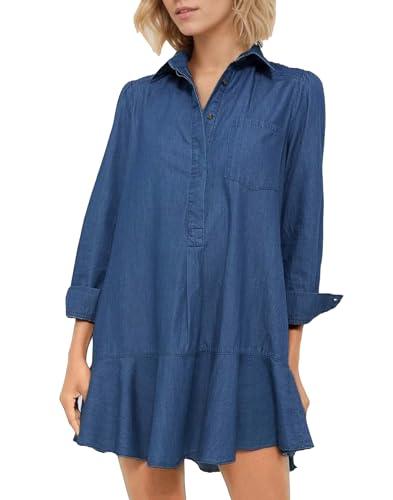 YEXPINE Women's Long Sleeve Denim Shirt Dress Button Down Ruffle Flowy Collared Mini Shift Drop Waist Jean Dresses Dark Blue, Small