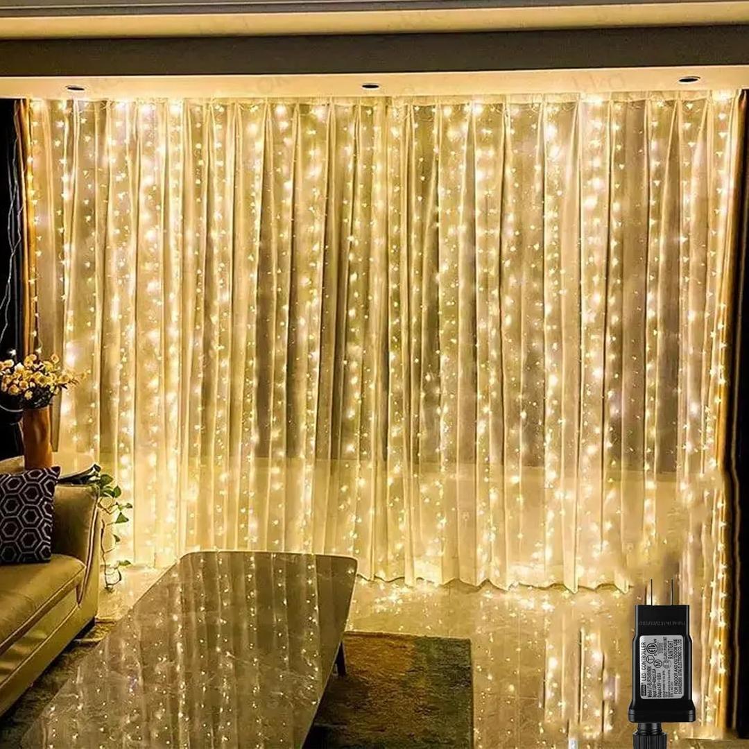 Vigdur Led Curtain String Lights, 2 Packs 8FT Window Fairy Lights for Bedroom with 210 Warm LEDs, Hanging Twinkle Indoor String Light for Party Wedding Garden Wall Decor(8 * 7ft)