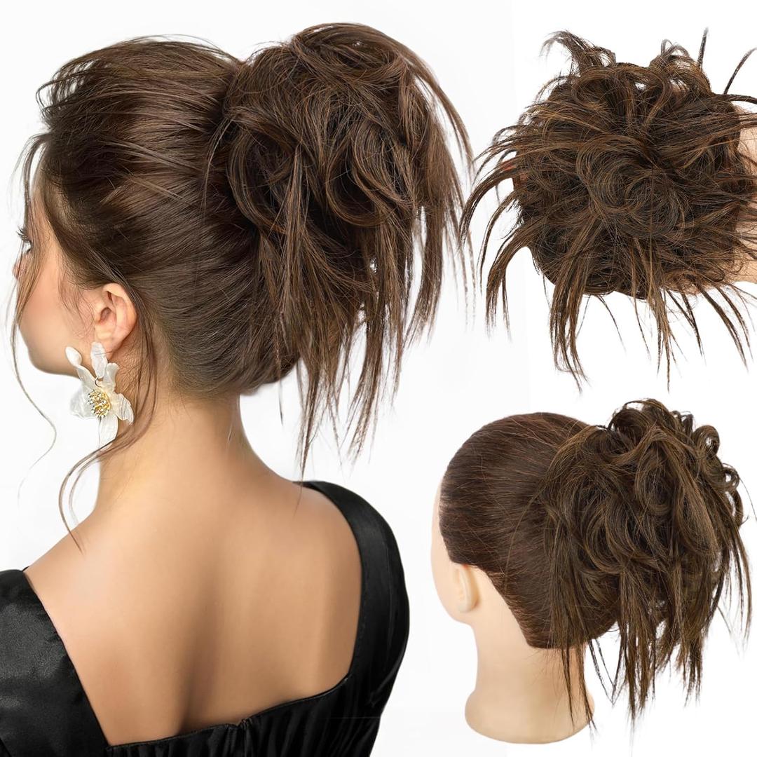 HMD Tousled Updo Messy Bun Hair Piece Hair Extension Ponytail With Elastic Rubber Band Updo Bun Synthetic Hairpieces for Women (Darkest Brown Mixed Light Auburn)
