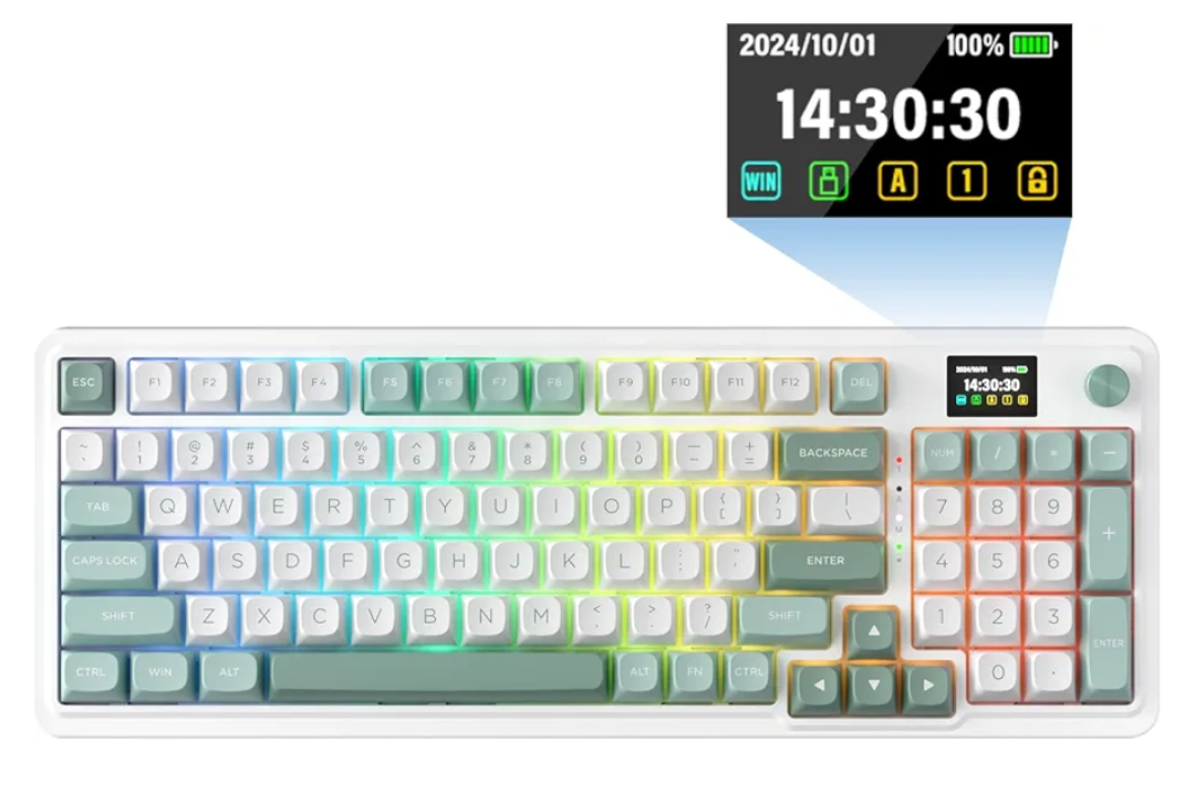 Redragon K719 Wireless Gasket Gaming Keyboard w/Hype Screen & Knob, 95 Keys Mechanical Keyboard, Easy-Control 1.14’’ TFT Info Display, 5-Layer Noise Dampening, Custom Linear Switch, Jade Cloud Color