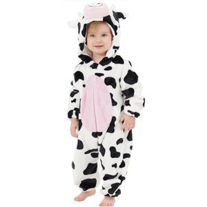 LONULAIN Unisex Baby Animal Costume Pajamas, Infant Flannel Hooded Halloween Romper Cosplay Costume/ Homewear/ Sleepwear (Cow, 12-18 Months)