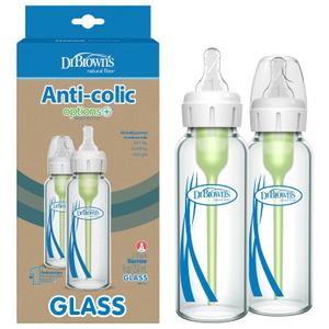Dr. Brown's AntiColic Options+ Narrow Glass Baby Bottle with Level 1 Slow Flow Nipple, BPAFree, 8 oz/250 mL, 0m+, 2Pack