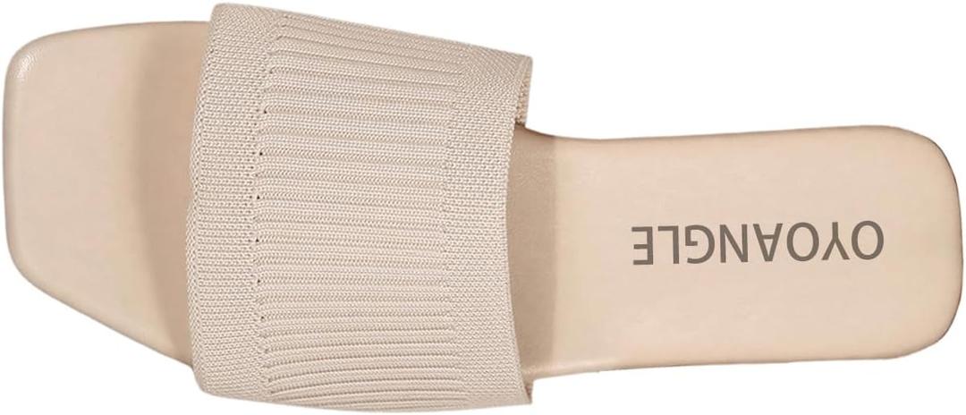 OYOANGLE Women's Single Band Square Open Toe Slide Sandals Summer Slip on Flat Sandals (8, Beige)