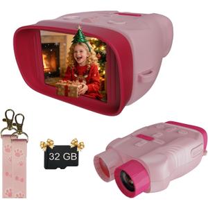 Kids Camera & Night Vision Goggles for Kids Boys and Girls, Christmas Birthday Gifts, Night Vision Binoculars with 32GB Memory Card(Pink)