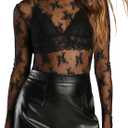 AKEWEI Womens Mesh Long Sleeve Tops Crew Neck Sexy See Through Tee Shirts Party Club Night Lace Blouse (Medium, Black)