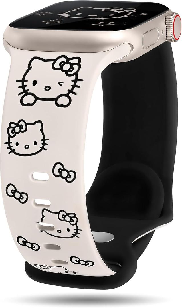 Cute Cat Engraved Band Compatible with Apple Watch Bands for Women 40/38/41/42/46/45/44/49mm, Funny Cartoon Pattern Soft Silicone Sport Strap for iWatch Series 11 10 9 8 7 6 5 4 SE/Ultra 3 2 1