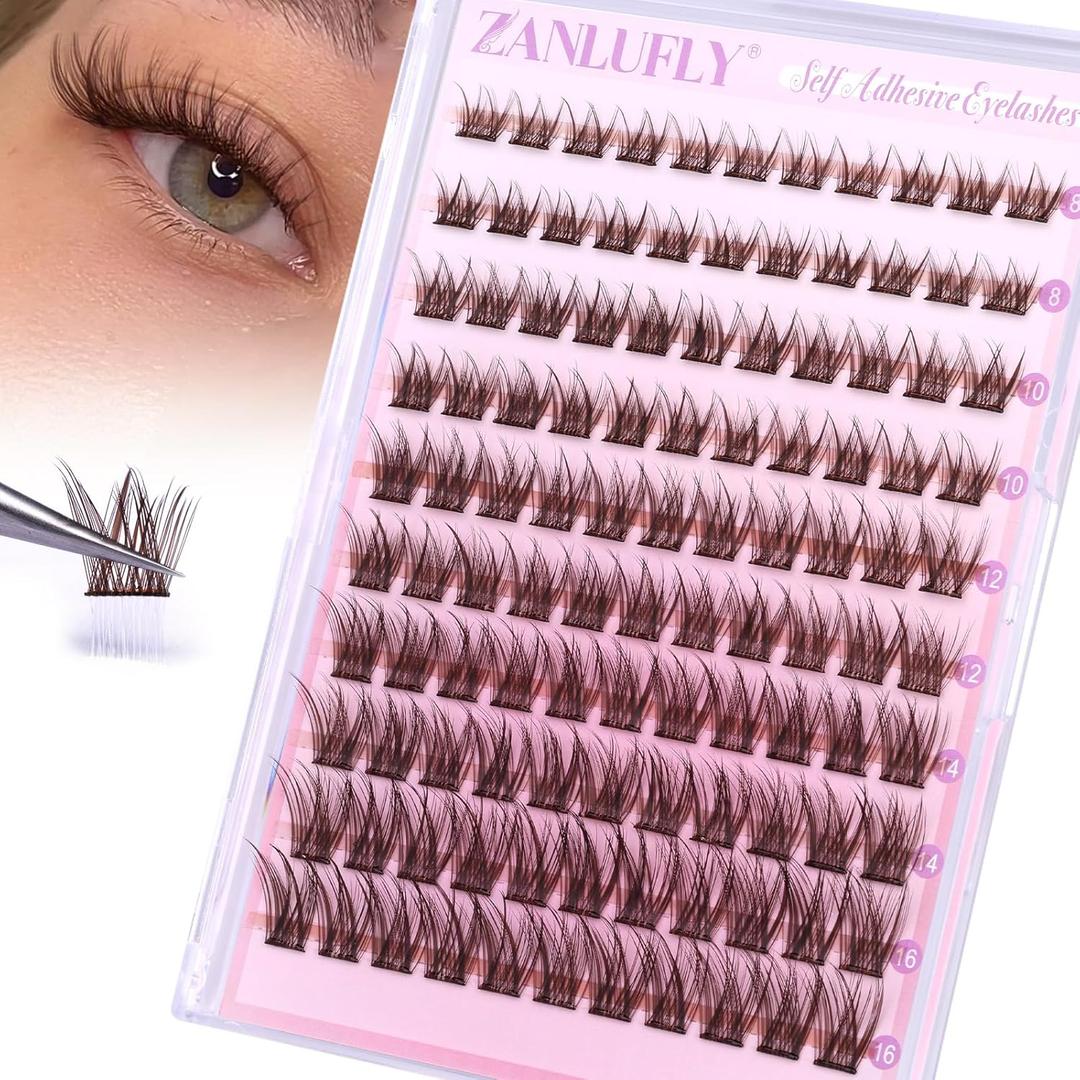 Self Adhesive Eyelashes Brown Self Adhesive Lash Clusters Natural No Glue Lashes Dark Brown Eyelash Extensions Pre-glued Eyelash Clusters Wispy Press on Individual Lashes 8-16mm by ZANLUFLY