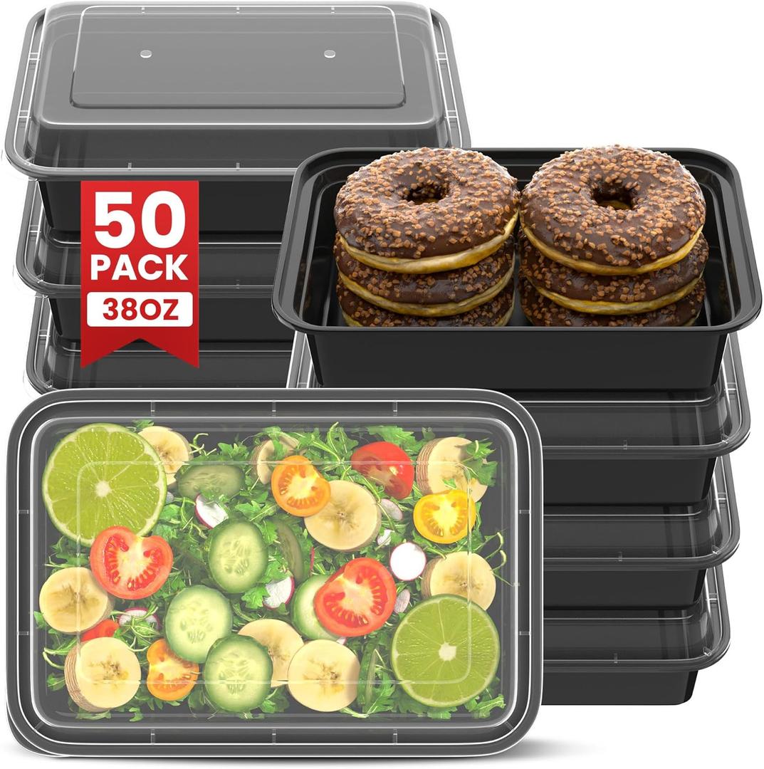 38oz Meal Prep Containers [50-Pack], Reusable Bento Box with Easy-Snap Leakproof Lids - Microwave, Dishwasher & Freezer Safe Food Storage, BPA-Free Plastic Lunch Containers (Black)