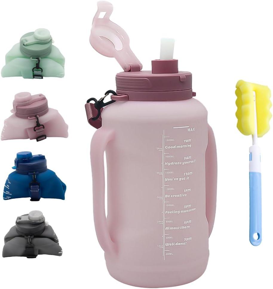 64oz Foldable Silicone Water Bottle with Straw, BPA-Free Motivational Time Marker, Leakproof Collapsible Water Jug with Handle for Gym, Sports, Camping & Outdoor Activities (Pink)