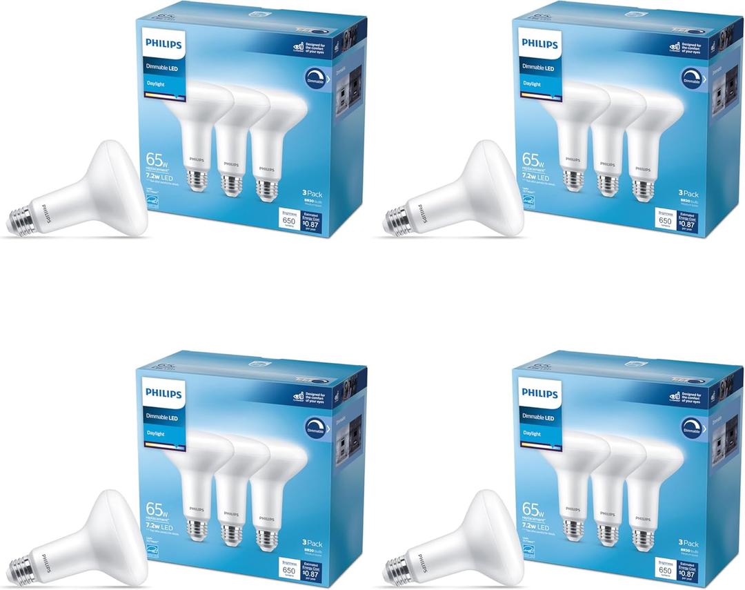 Philips LED 65W BR30 12-Pack Basic LED Daylight (7.2W = 65W) Dimmable Frosted Flicker-Free Light Bulb