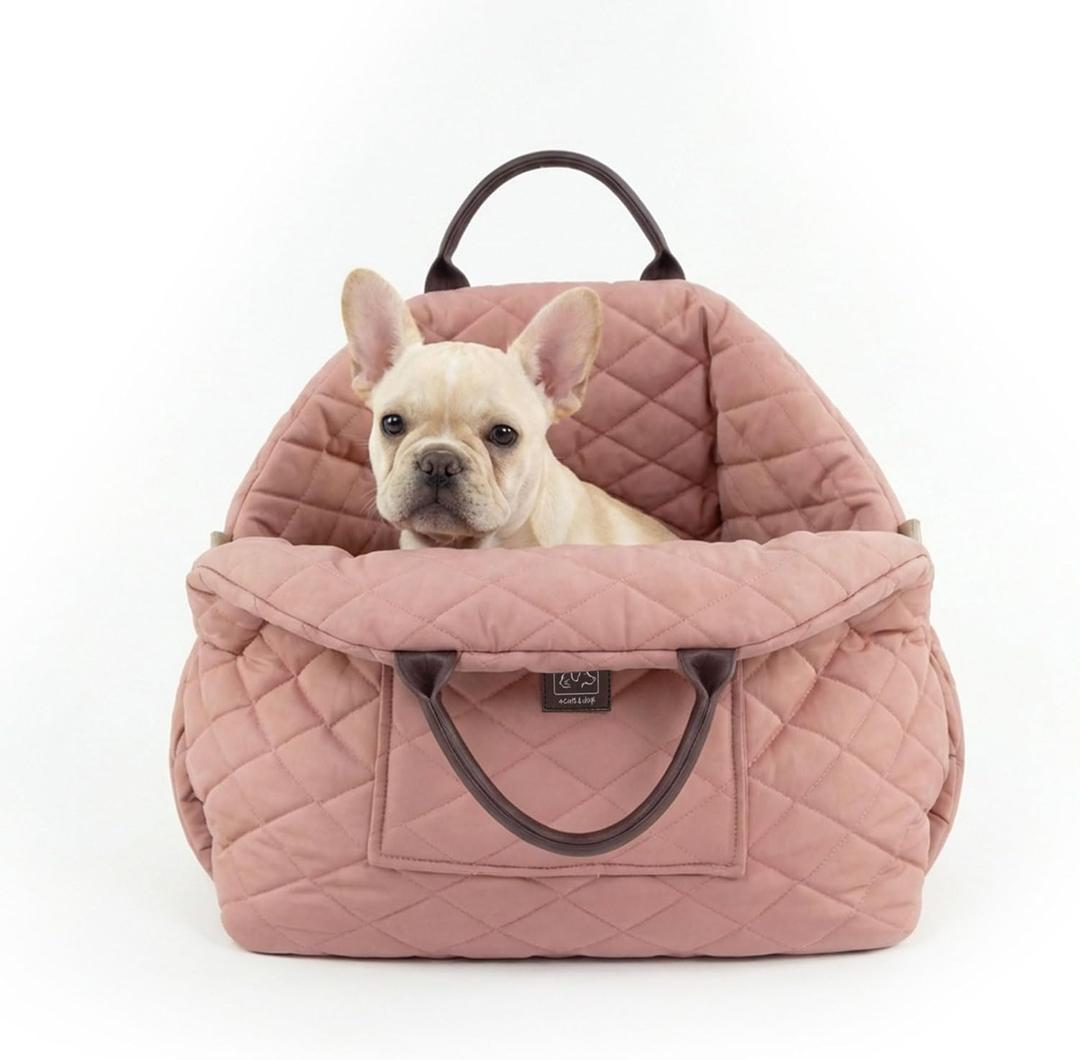 4 Cats & Dogs Mew Mew Travel Pet Bed Pet Car Seat & Carrier for Small Dogs & Cats, Water-Resistant Quilted Pet Booster Seat, Adjustable Car Belts, Anti-Slip Bottom, Portable Washable - Rose