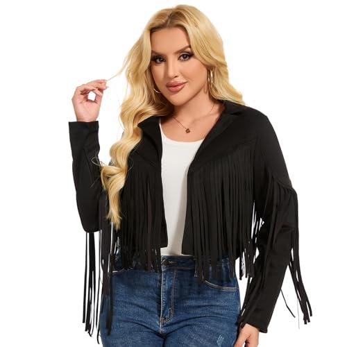 ATAMET 70s Women's Fringe Jackets Faux Suede Leather 60s Party Clothes, Halloween 2025 Fashion Tassel Motorcycle Coats (US, Alpha, X-Large, Regular, Regular, Cowgirl Black)