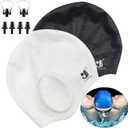 Unisex Swim Caps Ear Protection,2Pack Silicone Swimming Caps for Short/Long Hair with Ear Plugs&Nose Clip,Waterproof Flexible Swimming Hat for Women Men Adults Kids,Easy to Put On and Off,Black+White