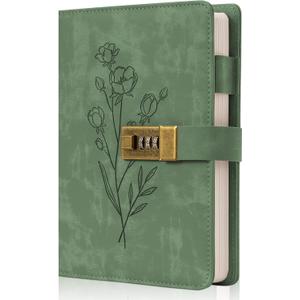 Lock Diary for Women Diary with Lock for Girls A5 Leather Locked Journal 260 Pages 100 GSM Refillable Journal with Lock for Teens Secrets Flower Journals with Combination Passwords, 5.7"x8.3", Green