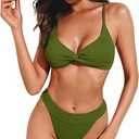 ZAFUL Lace-up Bikini for Women Criss Cross Back Bikini Sets with Texture 2 Pcs Swimsuit, Deep Green, Large