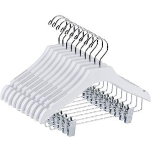 Quality White Wooden Kids Pant Skirt Hanger 10-Pack, Luxury Wave Design Chrome 360 Swivel Hook (10, 13" inch with Clips)