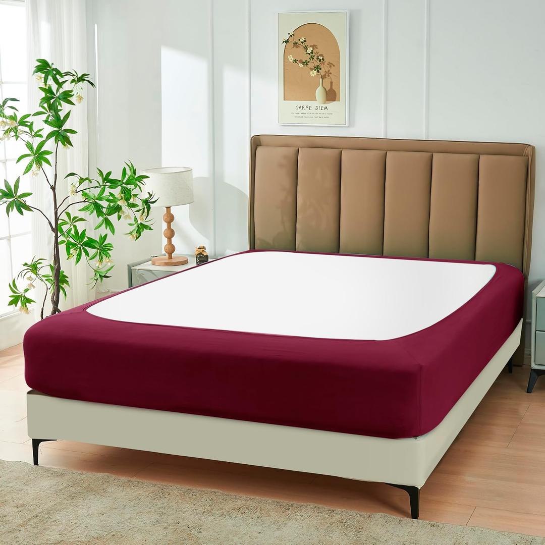 Biscaynebay Decorative Box Spring Cover Queen Size, Burgundy Luxurious Jersey Knitting Stretchy Wrap Around 4 Sides Bed Skirt for Home/Hotels, Easy Fit Wrinkle & Fade Free Machine Washable