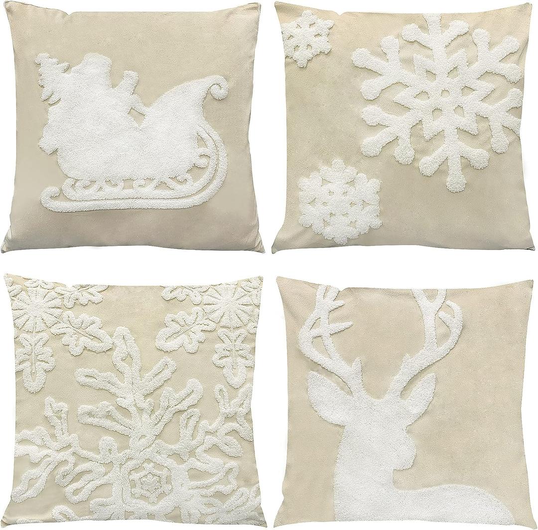 WOMHOPE Christmas Throw Pillow Covers Velvet Embroidery Vintage Cushion Covers for Decoration Sofa Couch Bed Santa Deer Snowflake Set of 4 (Griege)