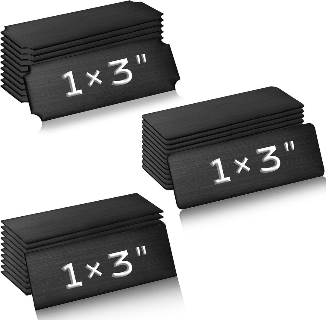 Therwen 30 Pcs Name Plates Laser Engraved Brushed Stainless Steel Plate Personalized Plaque Blank Custom Name Tag Frame Label with Adhesive Backing(Black,1''x 3'',Multi Shape)