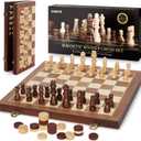 2 in 1 Magnetic Chess Set & Checkers Board Game, 15" Wooden Folding Chess Board with 2 Extra Queens, Portable Travel Chess Set with Pieces Storage Slots, Beginner Chess Board Game for Adults & Kids