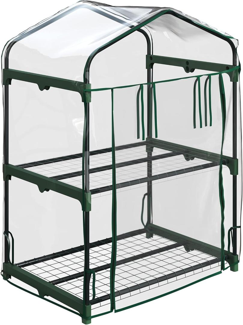 2 Tier Mini Greenhouse - Portable Greenhouse with Steel Frame and PVC Cover for Indoor or Outdoor - 27 x 19 x 37.5-Inch Green House by Home-Complete