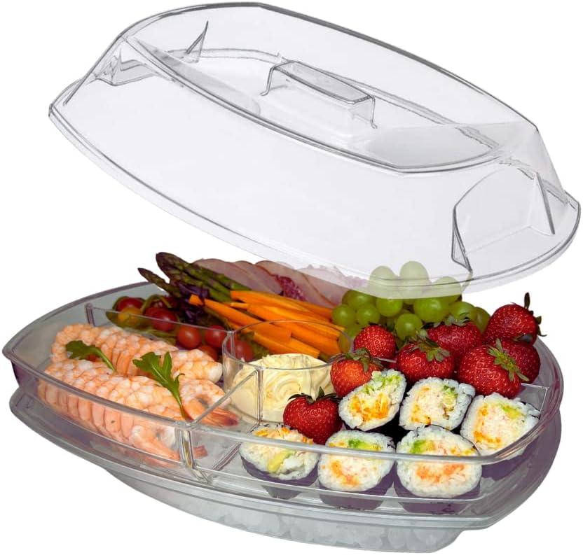 Appetizer Serving Tray on Ice with Lid, 3 Layers 15 Inch Party Platter with 4 Compartments for Shrimp, Fruits, Salads, Sushi, Dips and Desserts, Clear,green