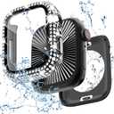 2 in 1 Bling Waterproof Case for Apple Watch Series 6 5 4 SE 40mm, 360 Protective PC Cover Front & Back with Tempered Glass Screen Protector, [Full Diamond] Watch Case for Women, Black