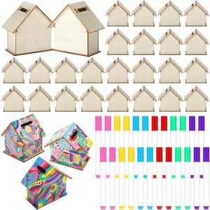 Briwooody 12 Set DIY Unfinished Wooden Houses Bank Unfinished Piggy Bank Set with Coloring Pens Blank Coin Box Crafts for Wood Piggy Banks Craft and Home Activities Fun