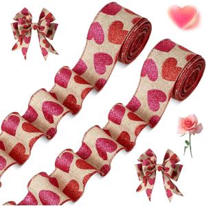 2 Roll 20 Yards Glitter Hearts Wired Edge Burlap Valentine Ribbon Valentine's Day Wired Ribbon for DIY Gift Wrapping Wreath Crafts Decoration(2 in,Natural, Red, Pink)