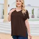 Florboom Tee Shirts Womens Short Sleeve Tops V Neck Plus Size Stretch Shirt Brown, 2XL