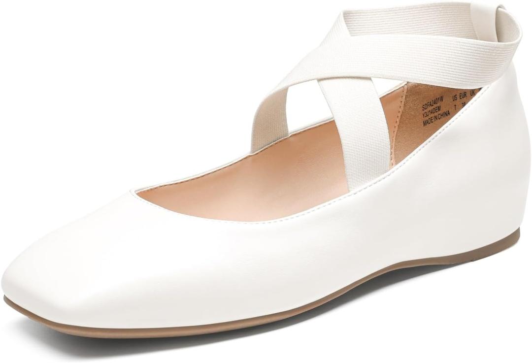 DREAM PAIRS Women's Ballet Flats, Comfortable Slip-On Square Toe Dress Shoes with Elastic Ankle Straps (10, White-pu)