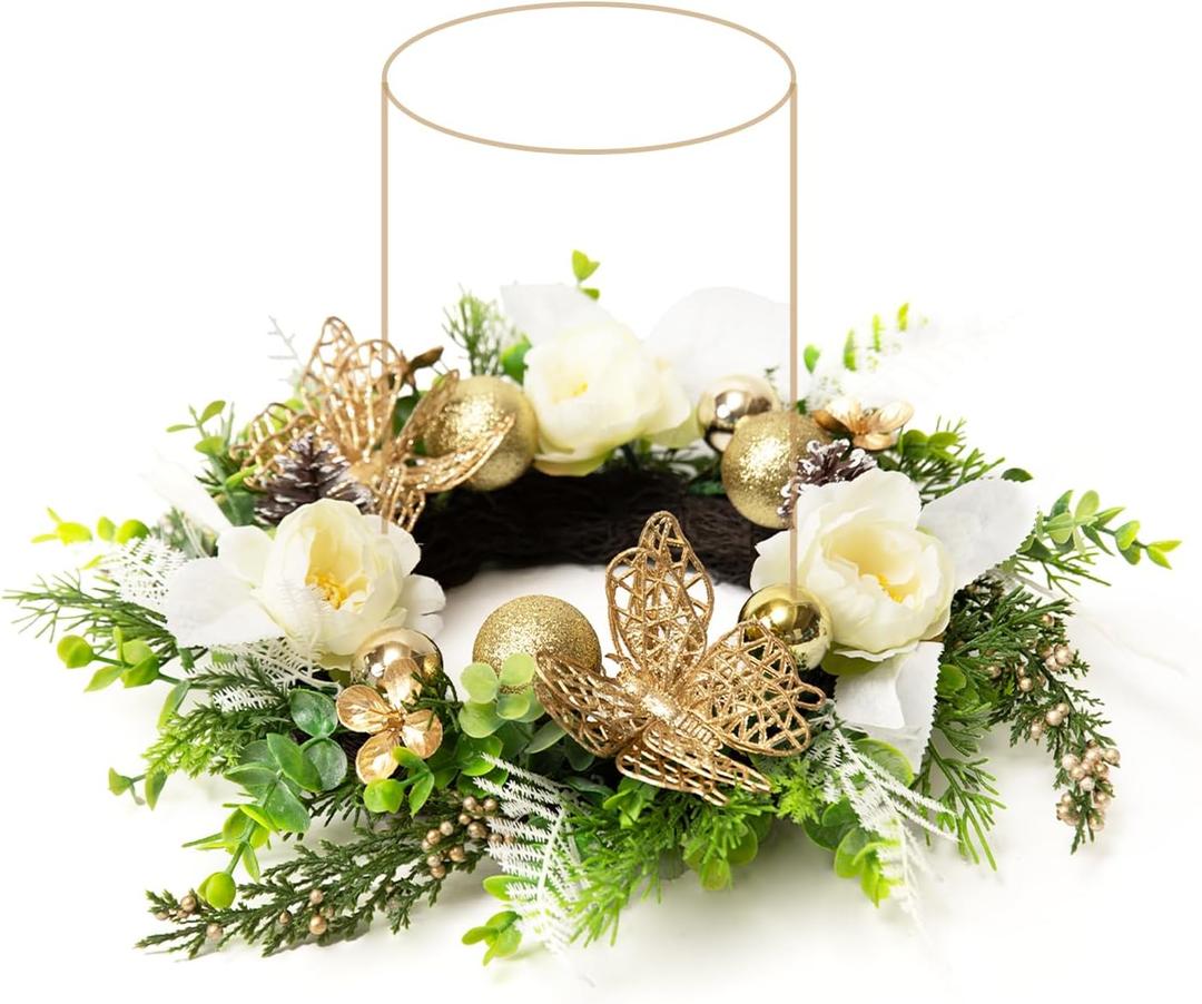 WELL KNOWN Artificial Flower Candle Rings Wreath, 12" Small Wreath for Camdle Holder or Candelabrum, Butterfly Dining Table Centerpieces for Home Wedding Party & Hanging Decor (Gold White & Green)