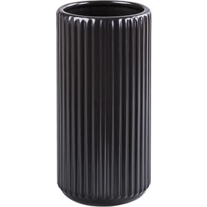 Black Ceramic Flower Vase for Pampas Grass, 8 inch Small Decorative Centerpiece Ribbed Vase for Dining Table, Office Desktop, Shelf Bookshelf, Mantel, Entryway, Bathroom, Countertop, Farmhouse, Gift