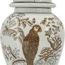 Galt International 14" Brown & White Floral Parrot Ceramic Porcelain Ginger Jar Floral Home Décor Jar Urn Shape Vase