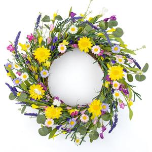 J'FLORU Artificial Spring Wreath Summer Wreaths for Front Door Floral Wreath with Daisy and Lavender for Indoor Outdoor Easter Celebration (18 Inch) (Multicolor)
