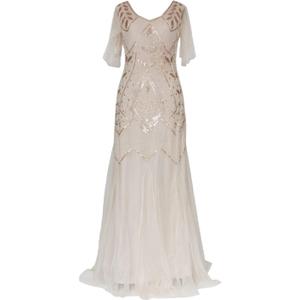 1920s Art Deco Sequin Maxi Dress, Vintage Flapper Gatsby Style, V-Neck with Tulle Sleeves, Long Evening Formal Gown (Medium, Champagne Gold)