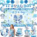 Elephant Baby Shower Decorations Banner, It's a Boy Backdrop, Foil & Latex Balloons, Mommy to Be Sash, Cake & Cupcake Toppers, Honeycomb Centerpieces, Hanging Swirls for Boy Baby Shower Decorations