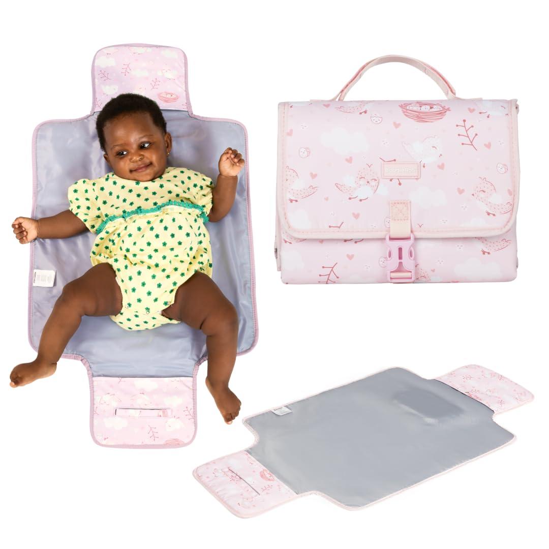 BabbleRoo Baby Changing Pad - Comfortable Portable Changing Pad, Compact, Fits in Any Diaper Bag - Lightweight and Soft with Cute Designs, Convenient Pockets, Extra Head Support  Pink Birdy