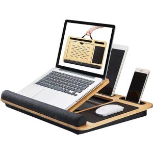 Foldable Wooden Laptop Stand for Desk – Adjustable & Portable Lapdesk with Cushion – Ergonomic Wood Laptop Riser with Storage Shelf for Home, Office & Travel – Fits Up to 16-Inch Laptops