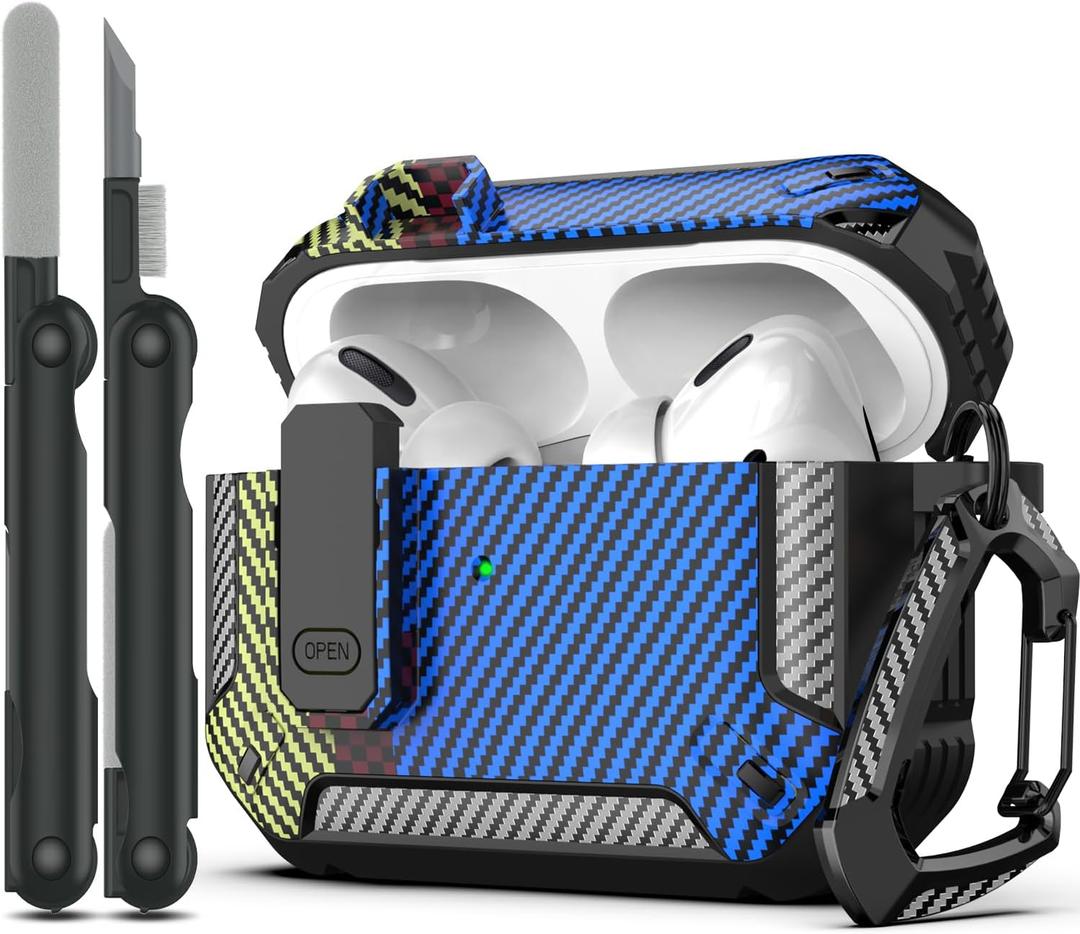 RFUNGUANGO for AirPods Pro Case Cover with Cleaner Kit, Military Hard Shell Protective Armor with Lock for AirPod Pro Charging Case, Front LED Visible, Carbon Fiber Blue