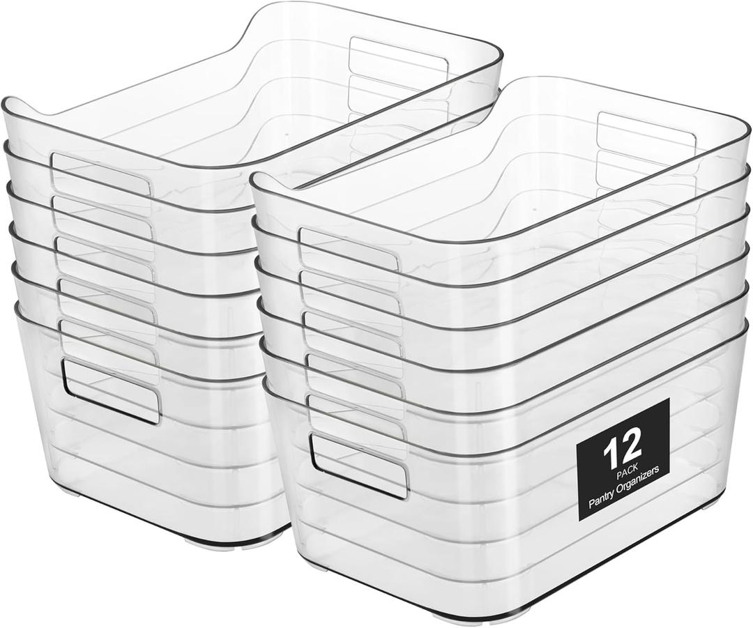 Heyuzb 12 Pack Plastic Storage Bins, Clear Pantry Organizers and Storage, Multi-Use Organizer Bins for Kitchen, Office, Fridge, Cabinet and Shelf Organization
