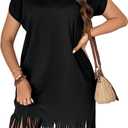 WDIRARA Women's Plus Size Round Neck Short Sleeve Fringe Hem Dress Casual Dresses (3X-Large Plus, Black)