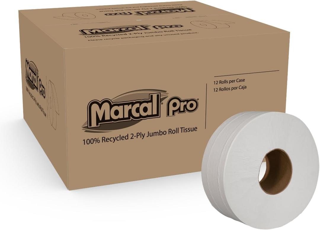 Marcal Pro 2-Ply Jumbo Toilet Paper Rolls, 3.3" x 1000', Big Roll Toilet Paper for Office & Commercial Restrooms, Pack of 12 (5216)